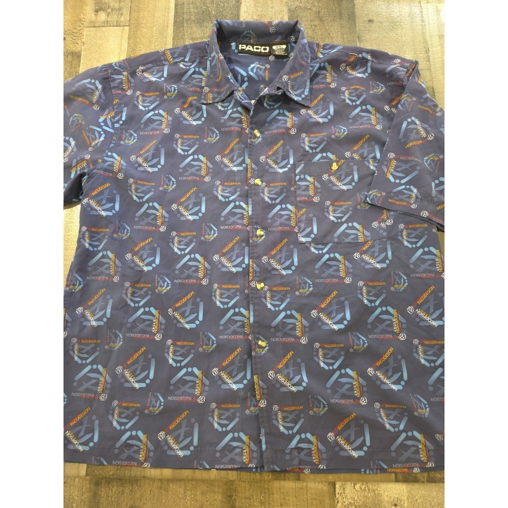 VTG 90s Paco Design All Over Print Short Sleeve Button Up Men's‎ XL Blue Hip Hop